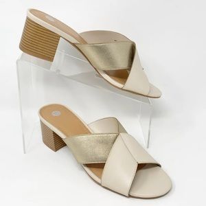 Dress Barn Cream and Gold Wide Strap Block Heel Sandals, 9M, EUC